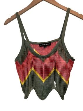 Almost Famous Olive Mesh Tank Top with Pink & Yellow Accents- Large